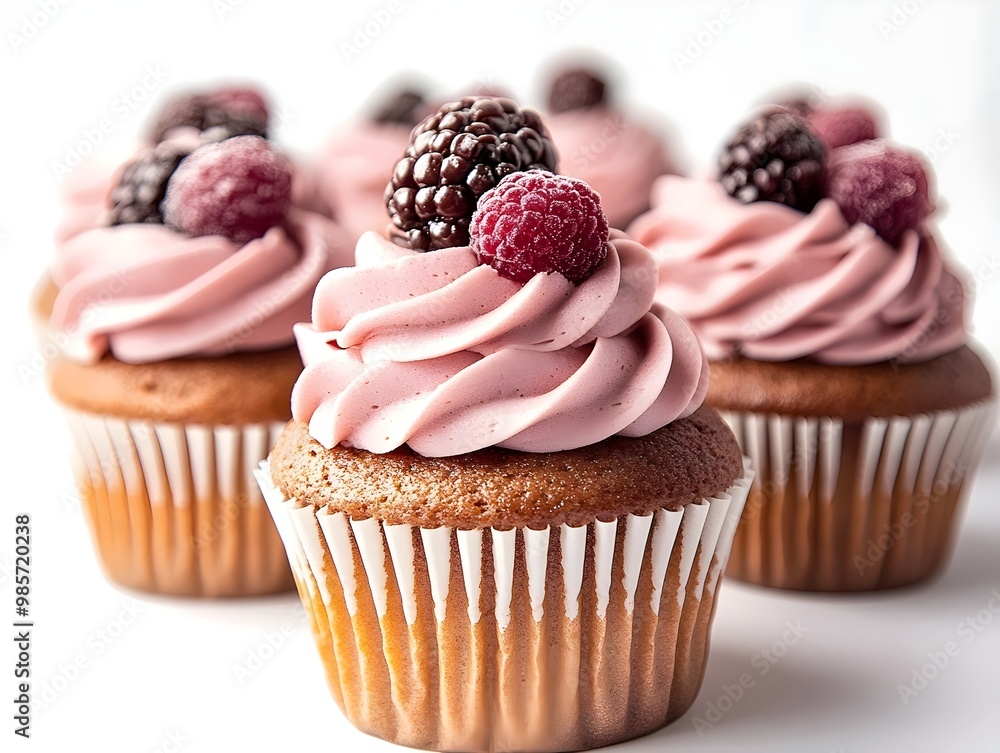 Close up of a pink frosted cupcake with a raspberry and blackberry on top. A perfect treat for any occasion. Close up of a pink frosted cupcake with a raspberry and blackberry on top. A perfect treat for any occasion.