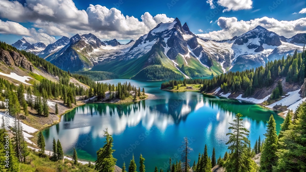 * Majestic snow-capped mountains rise above serene lakes and lush forests in the breathtaking North Cascades, * Majestic snow-capped mountains rise above serene lakes and lush forests in the breathtaking North Cascades,