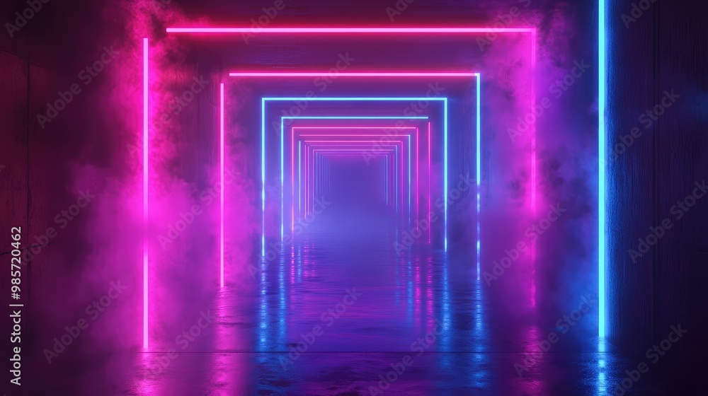 A futuristic hallway with glowing neon lights and smoke. A futuristic hallway with glowing neon lights and smoke.