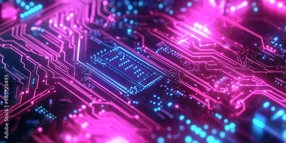 close up of a microchip circuit interior of a computer with neon lights in detail, circuit board. close up of a microchip circuit interior of a computer with neon lights in detail, circuit board.