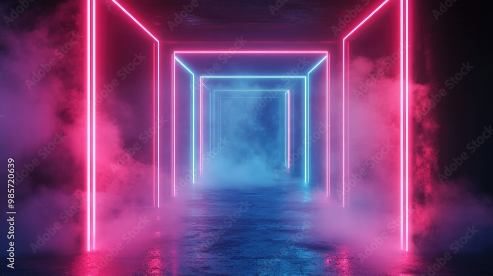 A futuristic corridor with neon lights and smoke. A futuristic corridor with neon lights and smoke.