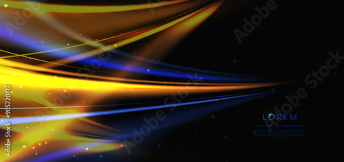 Abstract futuristic glowing neon multi color lines. Hi speed motion moving concept on dark blue background.