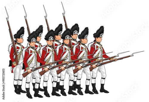 Obraz na plátně Illustration of British grenadiers in traditional 18th-century uniforms, marching in formation with bayonets attached to muskets
