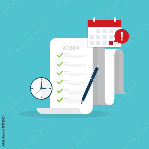 Meeting agenda. Reminder with a event list and schedule. Presentation with memo, Assignment target. Paper document, checklist. Project task management and effective time. 