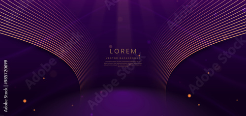 Luxury curved golden lines on dark purple background with lighting effect copy space for text.