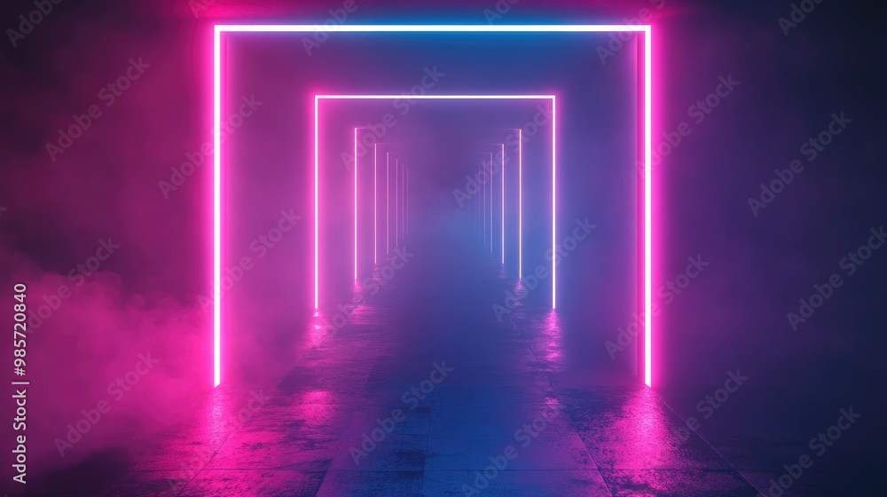 Futuristic neon light tunnel with pink and blue glowing lines and smoke. Futuristic neon light tunnel with pink and blue glowing lines and smoke.