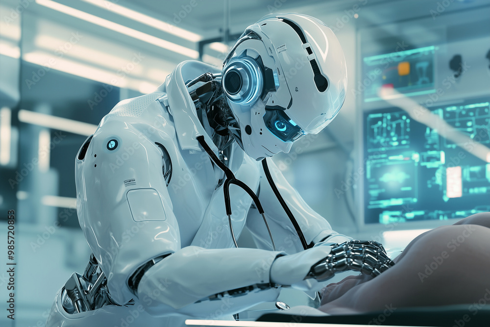 robot doctor is examining a woman. The robot is white and has a blue face. The woman is lying on a bed robot doctor is examining a woman. The robot is white and has a blue face. The woman is lying on a bed