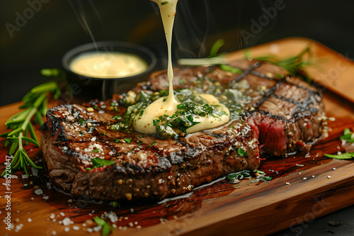 A perfect ribeye steak with garlic butter dripping on a rustic generative ai photo