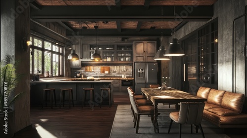 Interior of a large kitchen featuring dark wooden floors, grey walls, plush armchairs at the dining table, a bar with stools, and wooden worktops in the distance. three-dimensional rendering