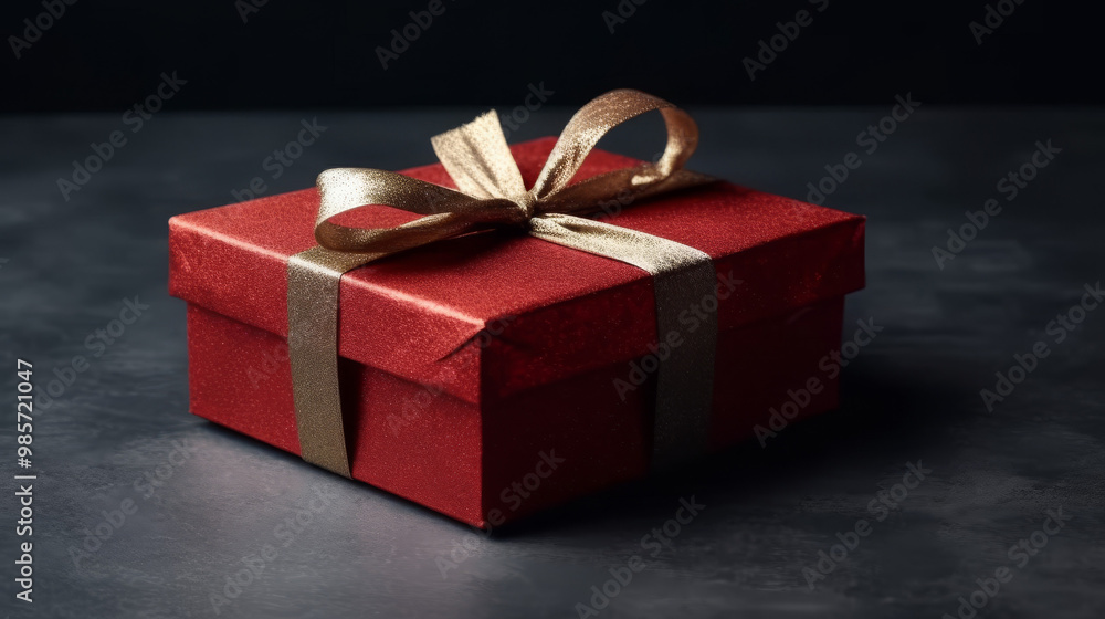 Red Gift Box with Gold Ribbon on Dark Background Red Gift Box with Gold Ribbon on Dark Background
