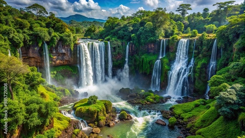 Majestic waterfalls cascading over a verdant landscape, surrounded by lush rainforest vegetation, its beauty is a sight