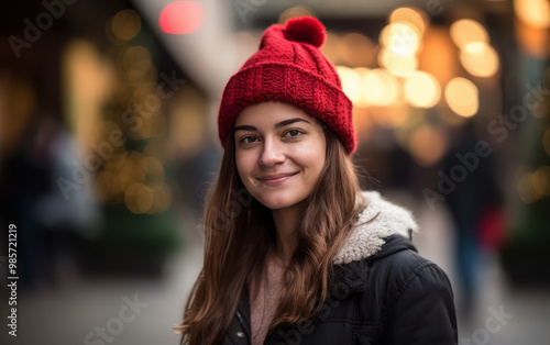 Smiling Woman in Red Knit Hat and Winter Jacket