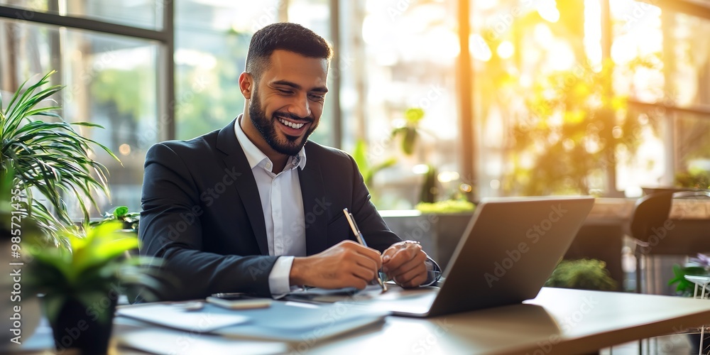 Businessman working with smartphone, tablet and laptop computer on table in office. Businessman working with smartphone, tablet and laptop computer on table in office.