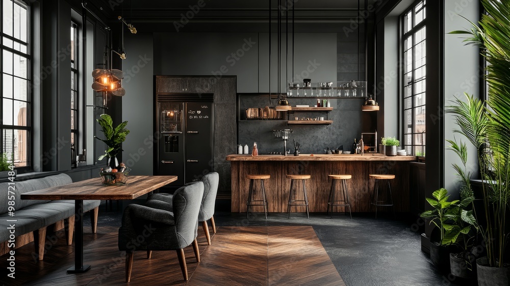 Interior of a large kitchen featuring dark wooden floors, grey walls, plush armchairs at the dining table, a bar with stools, and wooden worktops in the distance. three-dimensional rendering Interior of a large kitchen featuring dark wooden floors, grey walls, plush armchairs at the dining table, a bar with stools, and wooden worktops in the distance. three-dimensional rendering