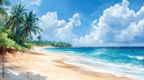 A picturesque beach with white sand and crystal clear blue water, framed by lush palm trees and a bright sky filled with fluffy white clouds.