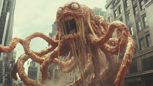 A monstrous, fleshy creature with tentacles and a gaping maw stands in the middle of a city street, its eyes wide with terror. photo