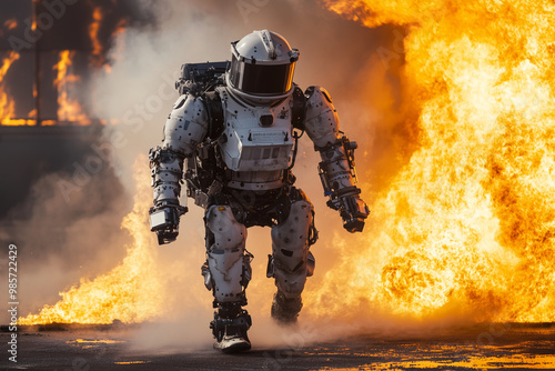 robot is standing in front of a fire. The robot is wearing a white suit and helmet