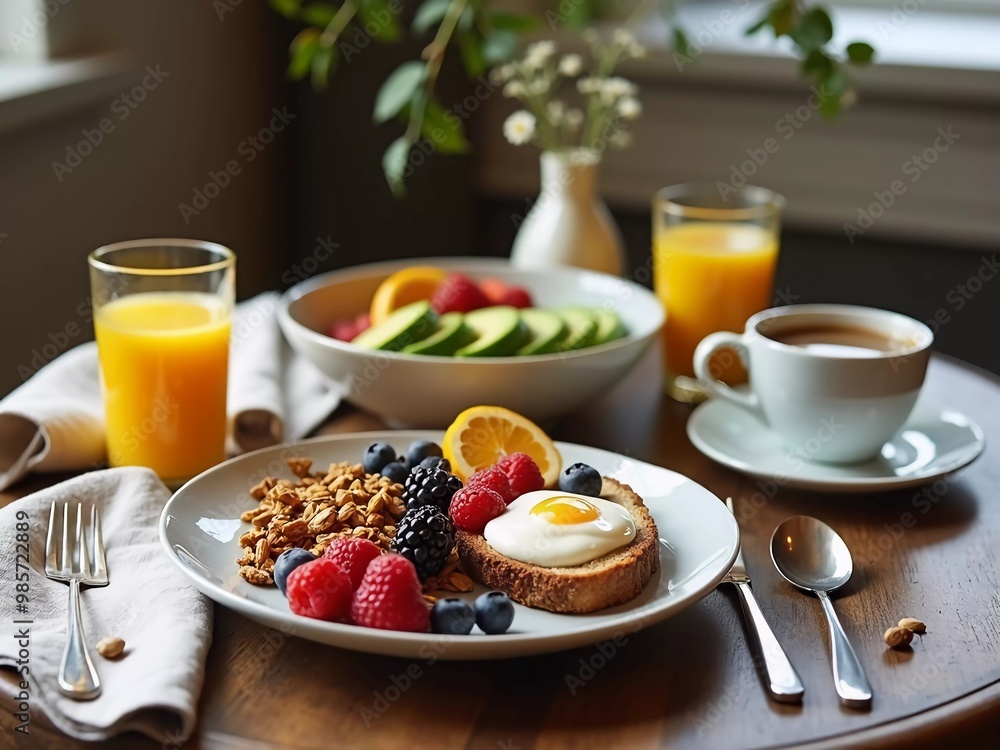 Inviting breakfast spread featuring fresh fruit, toast with egg, granola, and orange juice, capturing the essence of a delightful and nutritious start to the day in a cozy morning setting Inviting breakfast spread featuring fresh fruit, toast with egg, granola, and orange juice, capturing the essence of a delightful and nutritious start to the day in a cozy morning setting