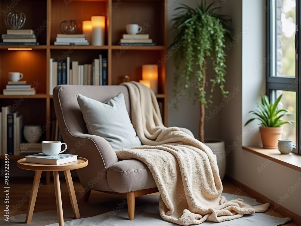 Fototapeta premium Cozy reading nook with a plush armchair, soft blanket, and warm lighting, creating an inviting atmosphere for relaxation and leisure in a beautifully styled home library full of books and plants
