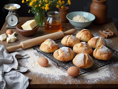 Rustic kitchen scene with freshly baked bread rolls cooling on a rack, surrounded by baking ingredients like flour, eggs, and butter, evoking the warmth and tradition of homemade baking