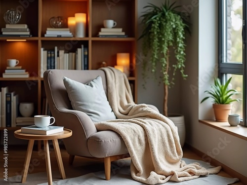 Cozy reading nook with a plush armchair, soft blanket, and warm lighting, creating an inviting atmosphere for relaxation and leisure in a beautifully styled home library full of books and plants photo