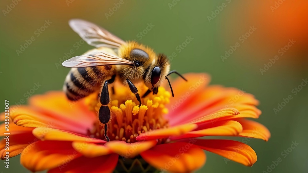 Close-up of a bee delicately gathering nectar from a vibrant orange flower, highlighting its essential role in pollination and capturing the intricate beauty of nature's harmonious ecosystems Close-up of a bee delicately gathering nectar from a vibrant orange flower, highlighting its essential role in pollination and capturing the intricate beauty of nature's harmonious ecosystems