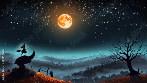 A witch on a broom flies past a bright, orange full moon in a mysterious night scene, with a haunted castle and eerie trees completing the Halloween atmosphere photo