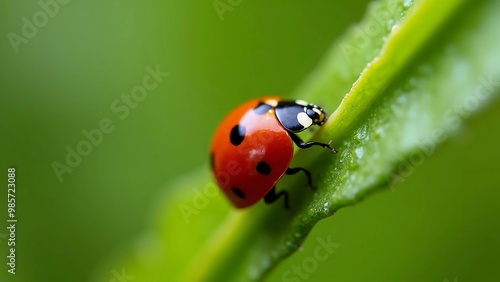 Close-up of a vibrant ladybug perched on a green leaf, showcasing its iconic red shell with black spots, embodying the delicate beauty and essential ecological role of insects in nature's balance