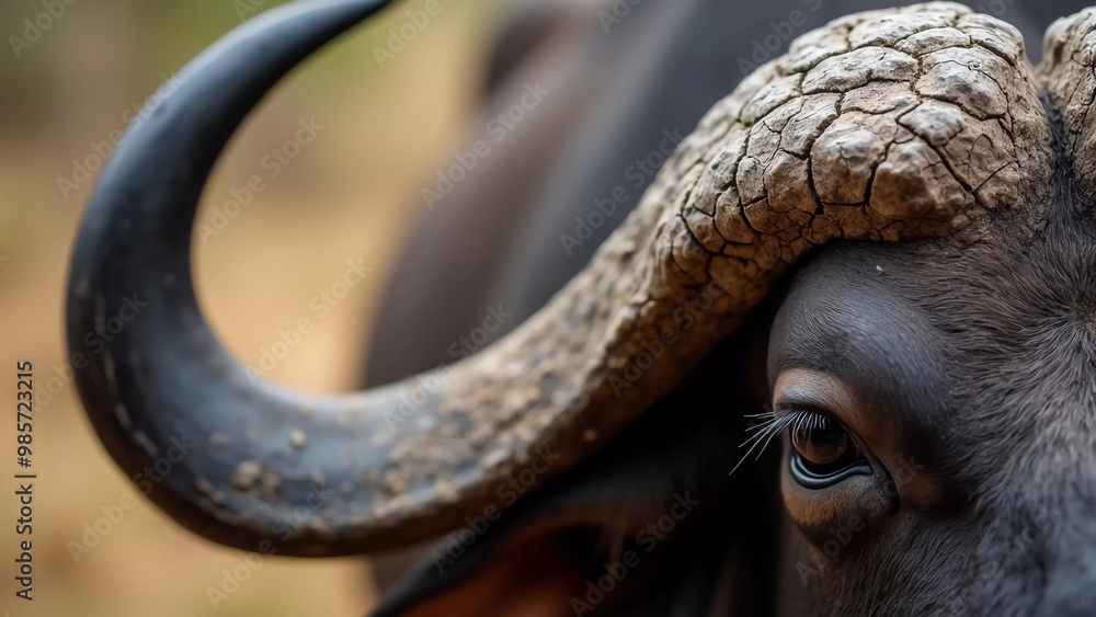 Majestic close-up of a powerful buffalo showcasing its textured horn and expressive eye, capturing the essence of its strength and resilience in the wild Majestic close-up of a powerful buffalo showcasing its textured horn and expressive eye, capturing the essence of its strength and resilience in the wild