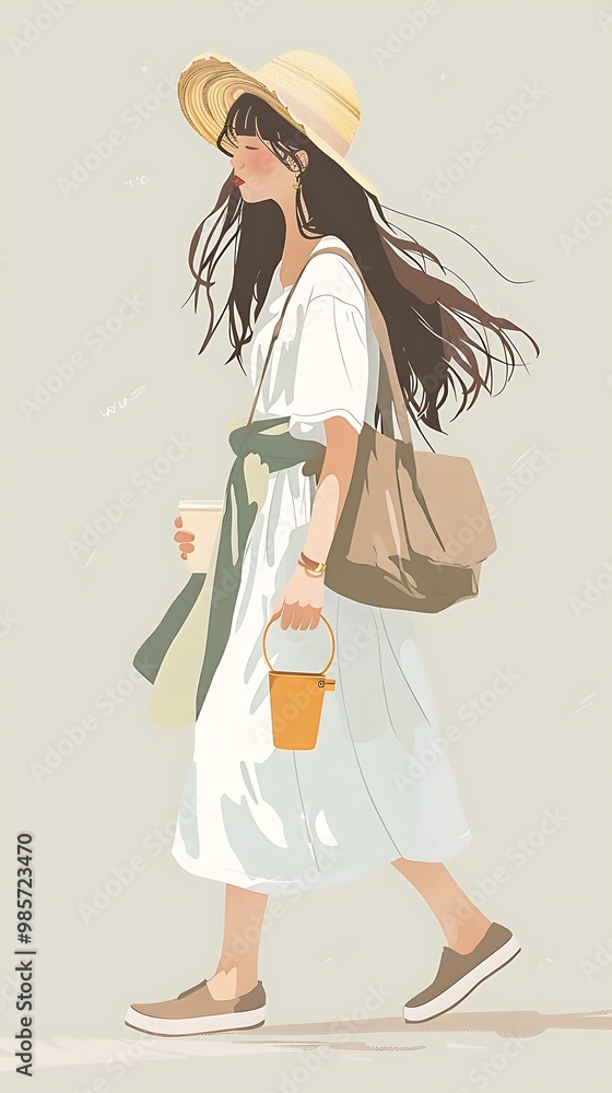 Stylish woman walking with hat, bag, and coffee cup Stylish woman walking with hat, bag, and coffee cup