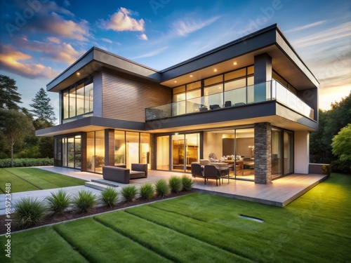 Modern house exterior with sleek lines, large windows, and a spacious patio overlooking a lush lawn.