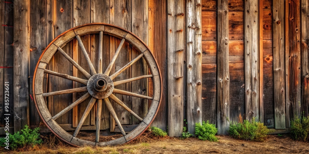 Rustic wagon wheel leaning against a wooden barn Rustic wagon wheel leaning against a wooden barn