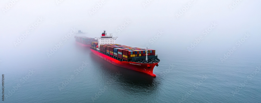 Fototapeta premium Cargo ships stuck at a harbor due to trade restrictions, foggy horizon, shipping blockade, importexport crisis