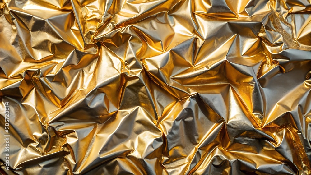 Crumpled golden foil texture with glossy finish, creating a luxurious and reflective surface for artistic applications. Crumpled golden foil texture with glossy finish, creating a luxurious and reflective surface for artistic applications.