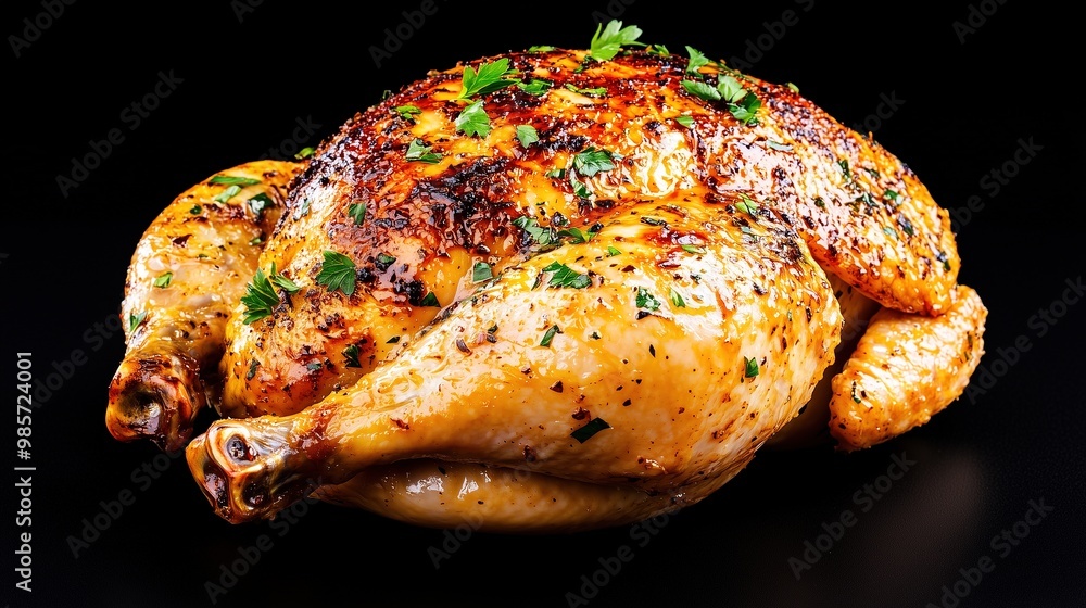 Juicy rotisserie chicken on black background. Juicy rotisserie chicken on black background.