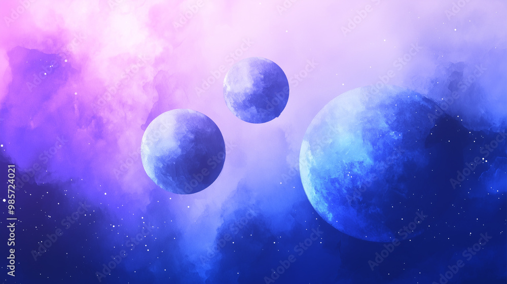 Planets painted with watercolors in blue and purple Planets painted with watercolors in blue and purple