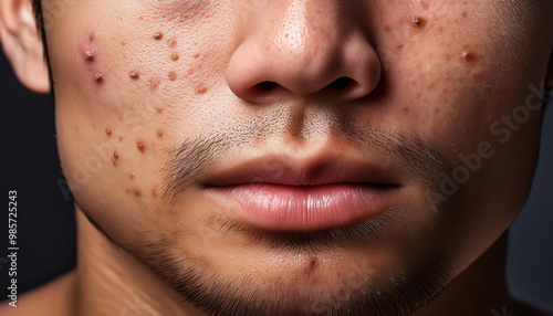 Close-up of a man's face with acne scars and facial blemishes, natural lighting photo