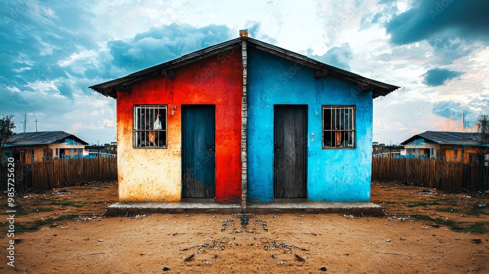 A healthcare clinic where one side is modern and the other side is run-down, representing the impact of poverty on health A healthcare clinic where one side is modern and the other side is run-down, representing the impact of poverty on health