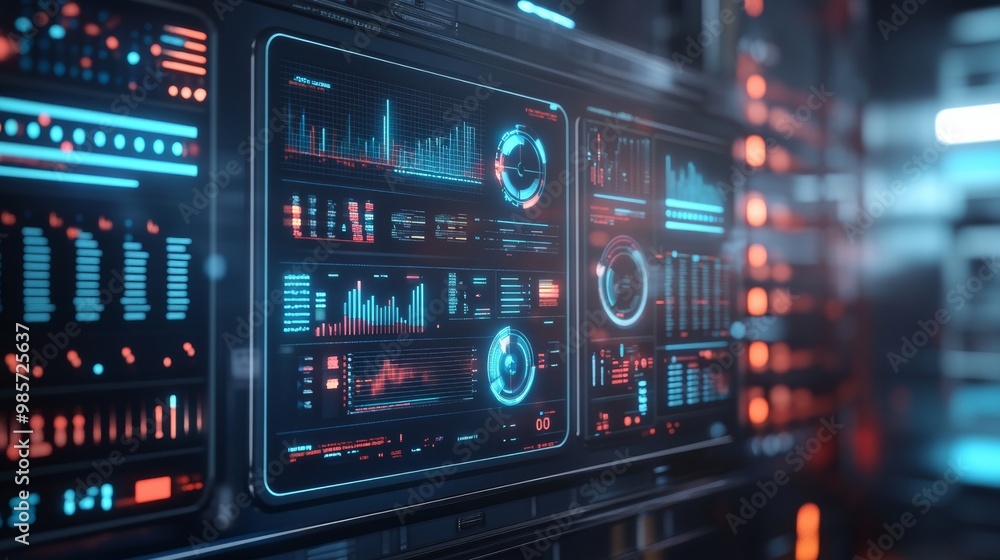 Futuristic Data Center Interface with Digital Displays and Graphs. Futuristic Data Center Interface with Digital Displays and Graphs.