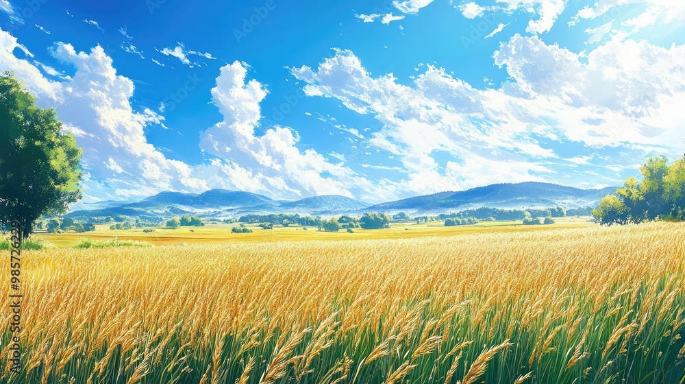 An anime-style countryside with golden fields under a bright blue sky, symbolizing the calm and beauty of rural life. An anime-style countryside with golden fields under a bright blue sky, symbolizing the calm and beauty of rural life.