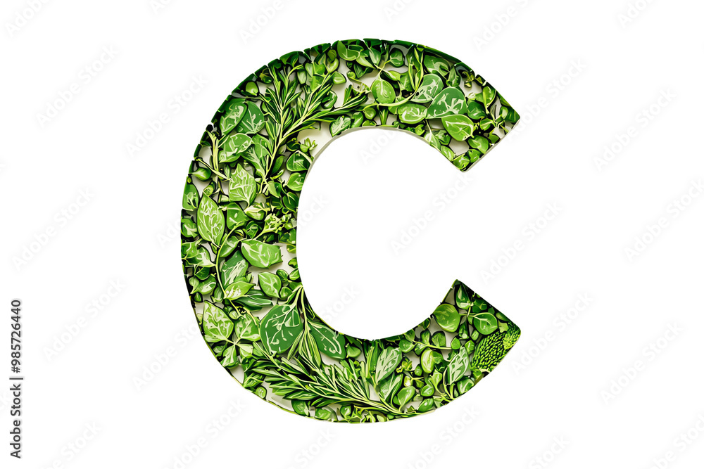 Floral Letter C: Intricate Botanical Typography Art Featuring Green Leafy Pattern and Eco-Friendly Design for Creative Nature-Themed Graphics