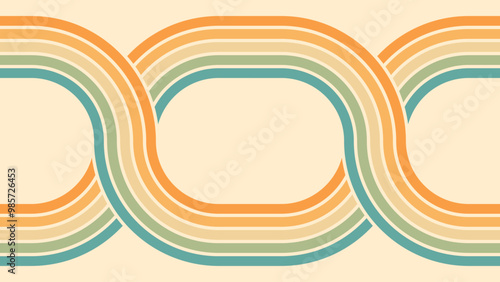 Abstract background of rainbow groovy Wavy Line design in 1970s Hippie Retro style. Vector pattern ready to use for cloth, textile, wrap and other.