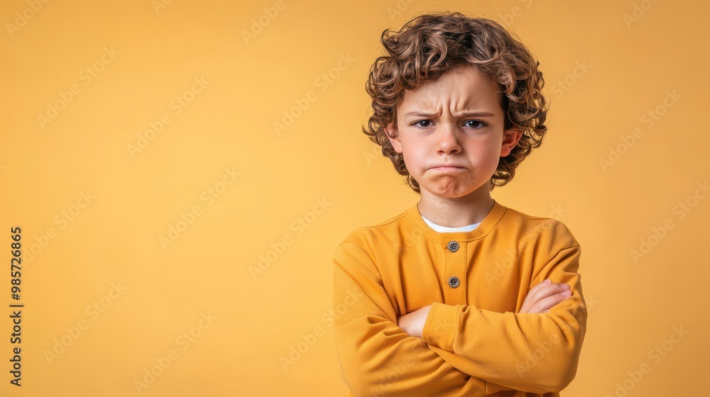 Frustrated Boy with Arms Crossed Against Yellow Background Frustrated Boy with Arms Crossed Against Yellow Background