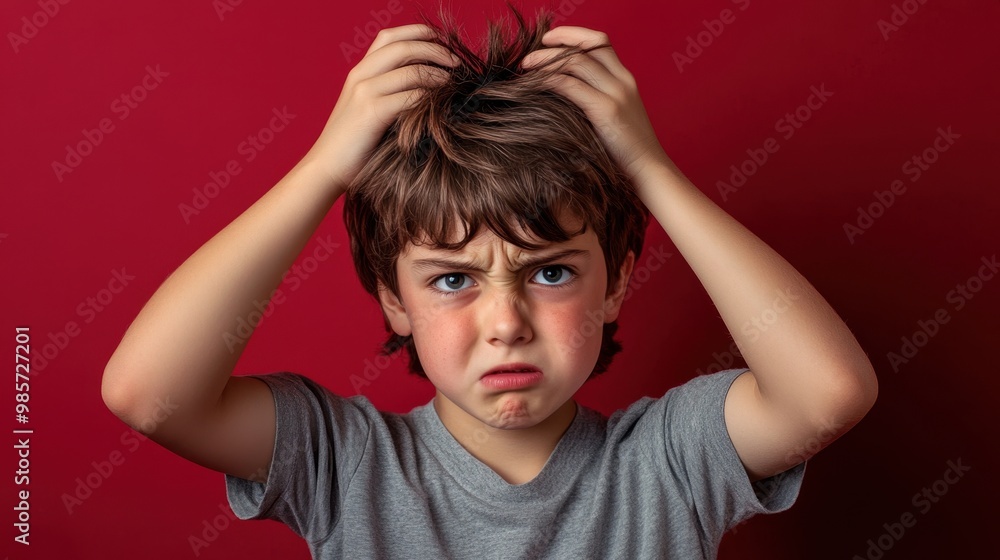 Frustrated Boy Gripping His Hair with Discontent Frustrated Boy Gripping His Hair with Discontent
