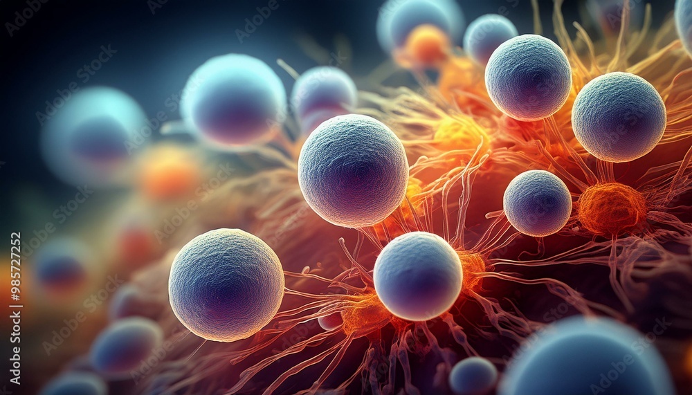 Staphylococcus aureus, Cluster of spherical bacteria magnified under a microscope Staphylococcus aureus, Cluster of spherical bacteria magnified under a microscope