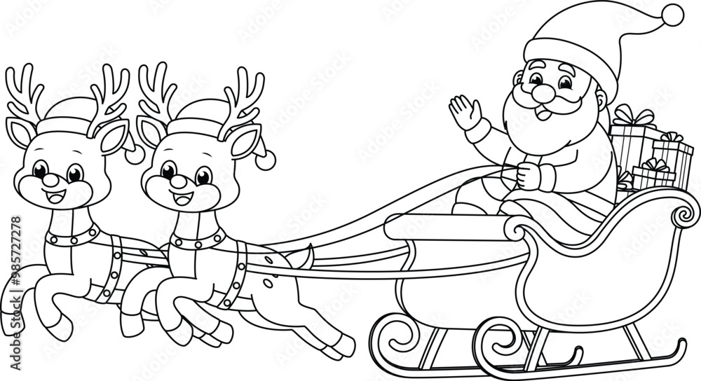 Santa claus on sleigh full of gifts and reindeers cartoon coloring page. Christmas and Winter Illustration