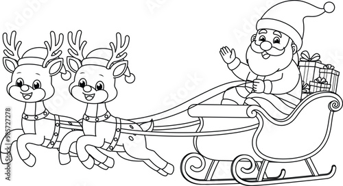 Obraz na płótnie Santa claus on sleigh full of gifts and reindeers cartoon coloring page. Christmas and Winter Illustration w salonie