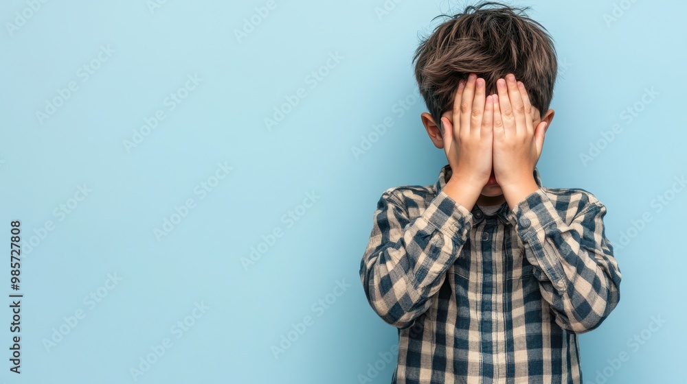Young Boy Hiding His Face with His Hands Young Boy Hiding His Face with His Hands