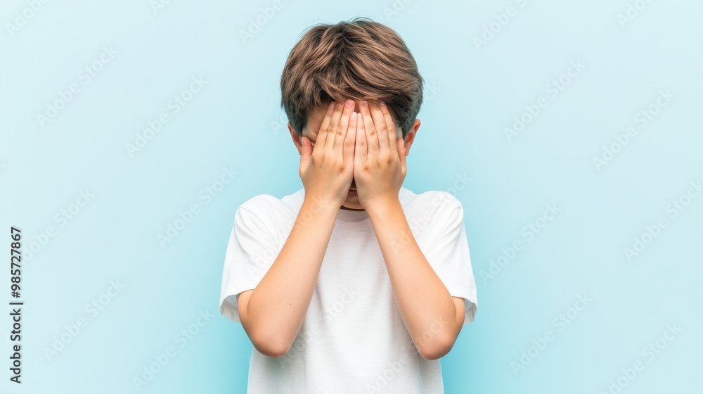 Boy Hiding His Face with Hands Against a Blue Background Boy Hiding His Face with Hands Against a Blue Background