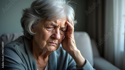 Woman is holding her head in her hands, looking tired and stressed copy space for text, discomfort. photo